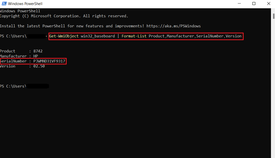 Using Windows PowerShell to find the Serial number of motherboard 