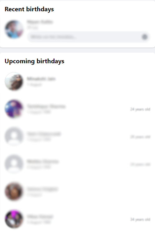 View the dates of all upcoming birthdays