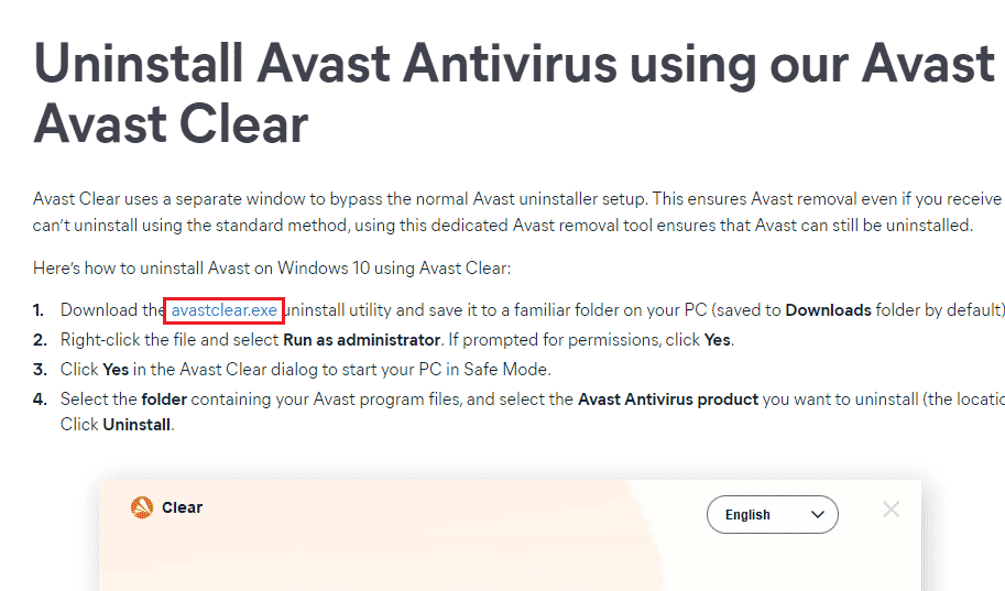 Visit Avast official uninstaller site and then click on avastclear.exe to get the Avast Uninstall Utility