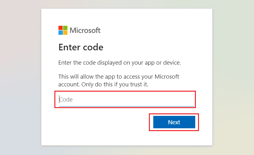 visit the Microsoft Live Login page and enter the given code in the available field. click on Next