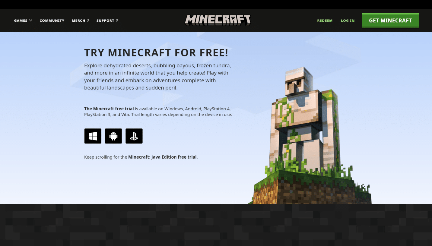 Посетите официальный сайт Minecraft, чтобы загрузить версию Java с бесплатной пробной версией. Как получить Windows 10 Minecraft Edition бесплатно