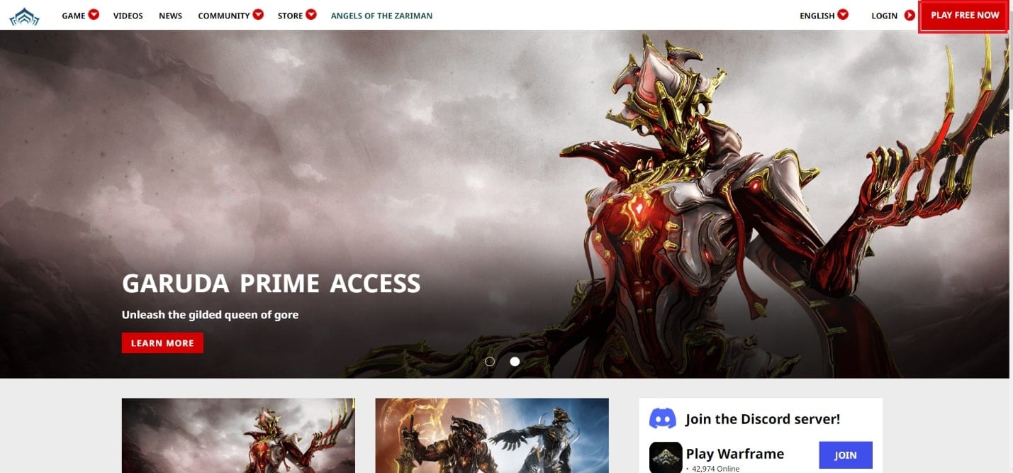 Visit Warframe official website and click on the PLAY FREE NOW from the top right corner