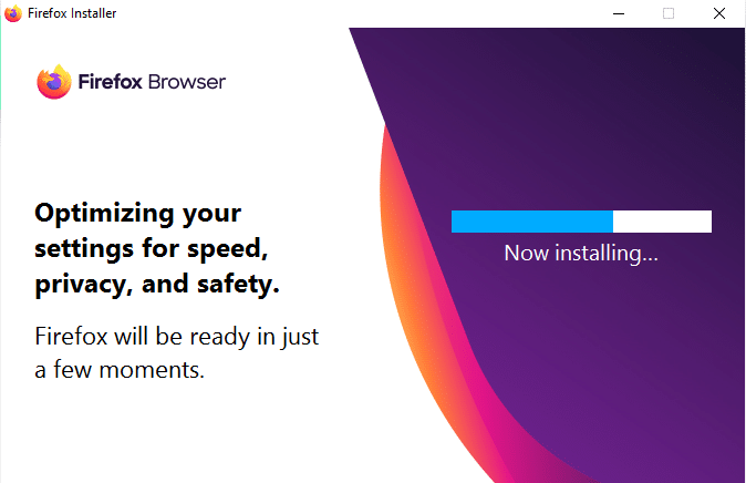 Firefox Installer oynasida o'rnatish jarayoni tugashini kuting