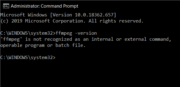 weren’t able to install FFmpeg properly, the command prompt will return with the message