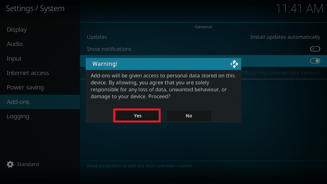 When the warning popup appears, click on Yes.