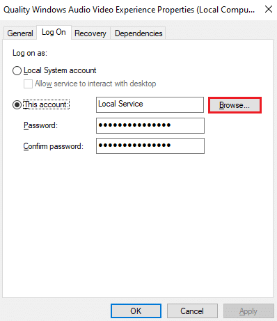 В этом случае переключитесь на вкладку «Вход в систему» ​​в окне «Свойства качества звука и видео Windows» и нажмите кнопку «Обзор…».