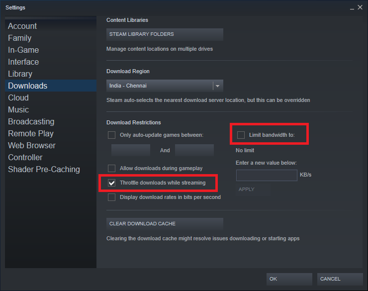 While you are at it, observe the download restrictions panel below the download region. Here, make sure the Limit bandwidth option is unchecked and the Throttle downloads while the streaming option is enabled.