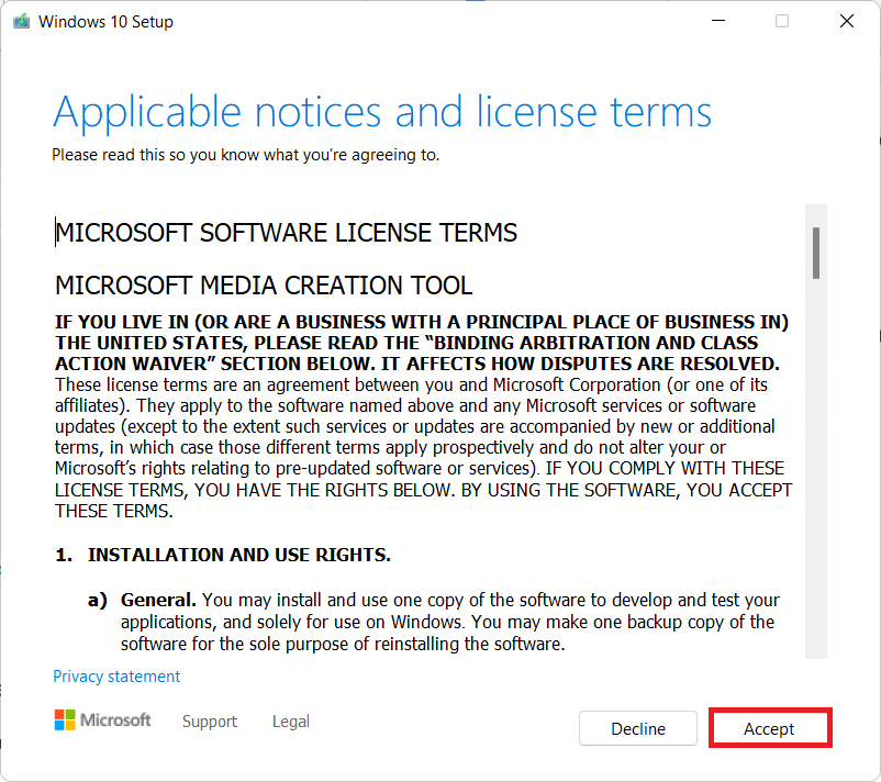 Windows 10 Installation Terms and condition