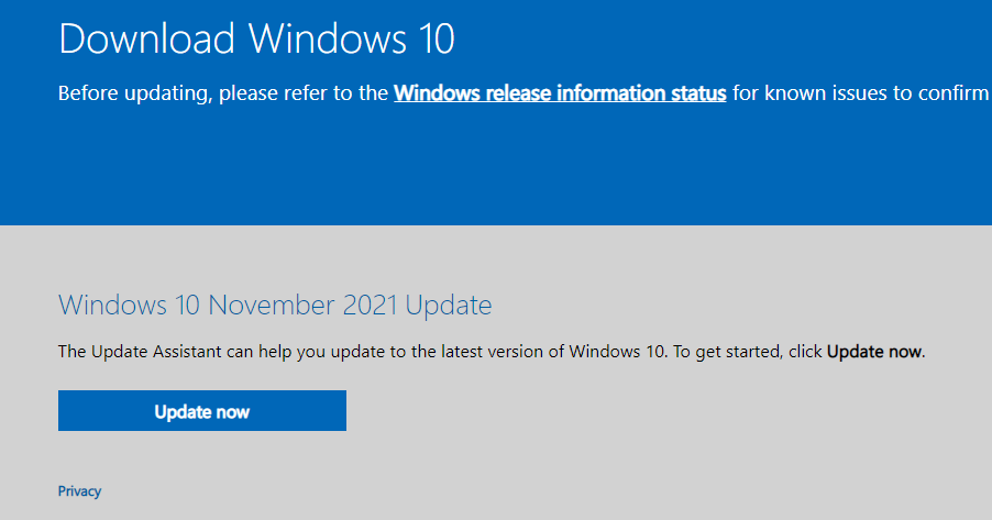 Windows 10 November 2021 Update webpage view.