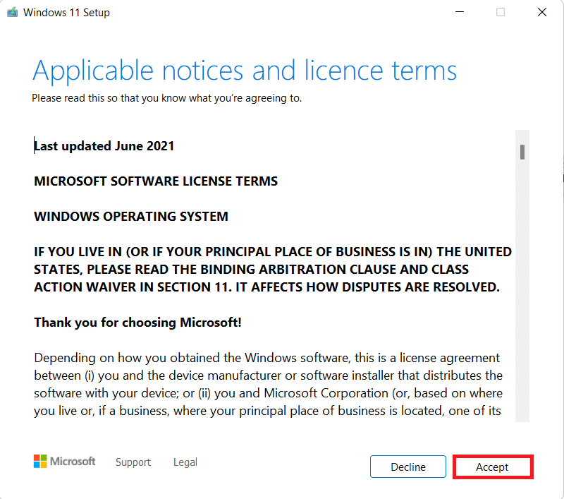 click on Accept in Windows 11 Setup Window. How to Fix Update Error 0x800f0988 in Windows 11