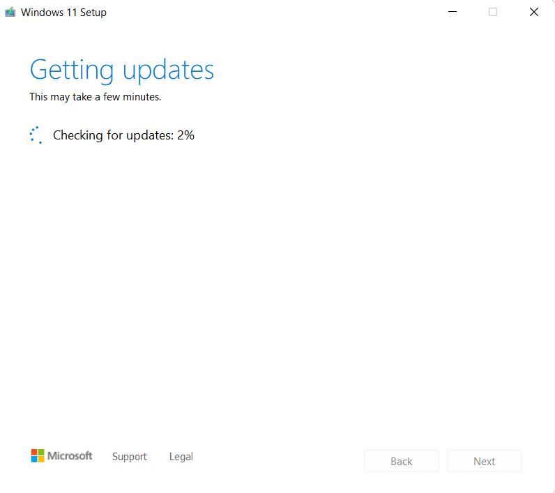 checking for updates in Windows 11 Setup Window. How to fix Updates Failed Install Error 0x800f0988 in Windows 11