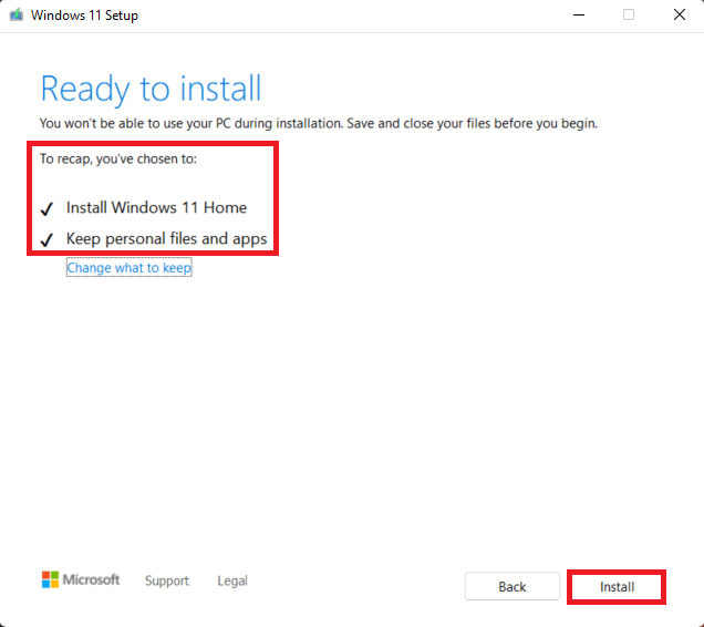 click on install in Windows 11 Setup Window. How to Fix Update Error 0x800f0988 in Windows 11