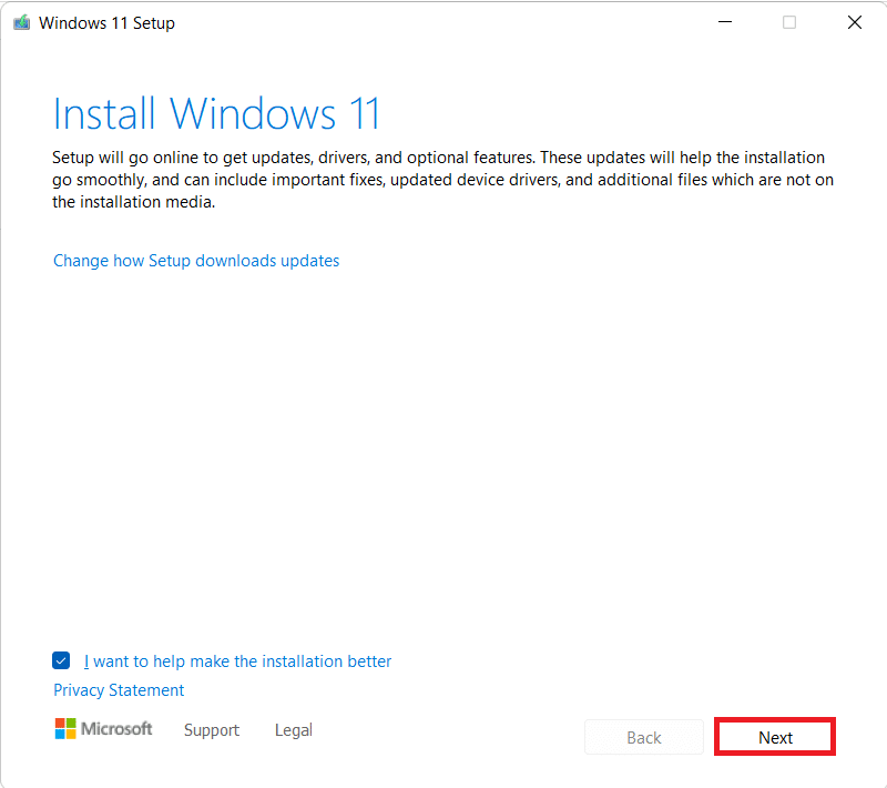 Windows 11 Setup Window. How to fix Updates Failed Install Error 0x800f0988 in Windows 11
