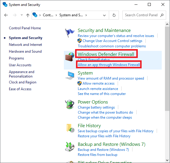 Windows Defender Firewall and click Allow an app through Windows Defender Firewall.