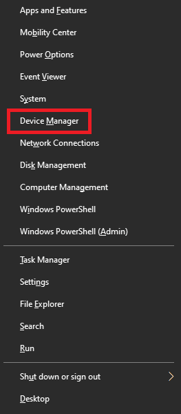 Windows key and X key click on device manager
