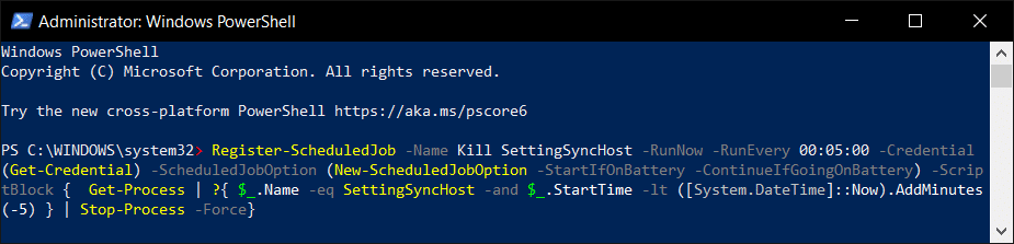 Windows Powershell command. Fix Host Process for Setting Synchronization