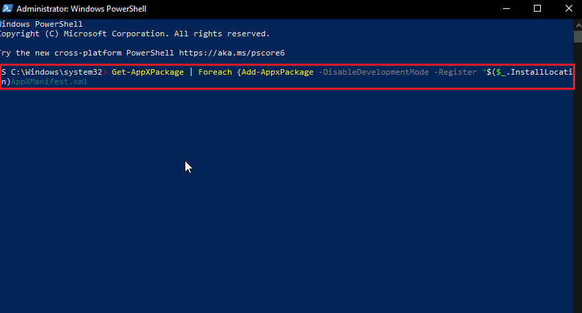 windows powershell opened run as administrator with reinstall windows app command. Fix Error Code 0x80d0000a in Windows 10