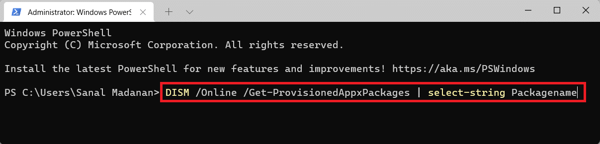 Windows PowerShell running DISM command to remove apps