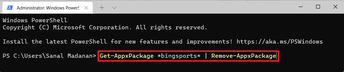 Windows PowerShell command to remove bingsports