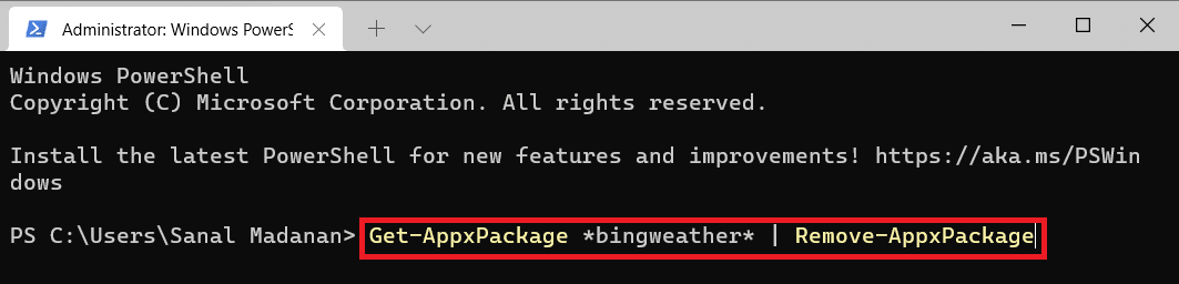 Windows PowerShell running Get-AppxPackage *bingweather* | Remove-AppxPackage