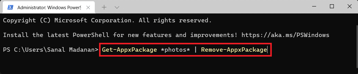 Windows PowerShell command to remove photos app