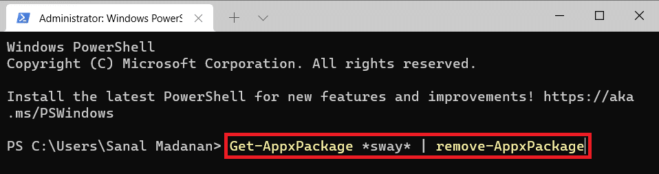 Windows PowerShell command to remove sway app