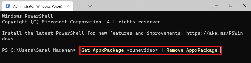 Windows PowerShell command to remove zunevideo. How to debloat Windows 11