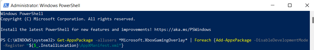 reinstall xboxgamingoverlay for all users from Windows PowerShell