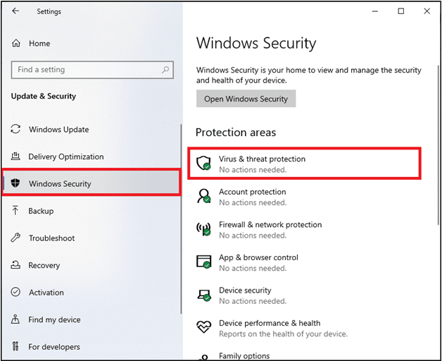 Windows security option in the left pane. Virus and threat protection selected in the right pane. Fix No Cameras are Attached in Windows 10