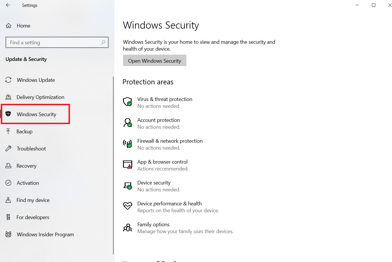 Windows Security option