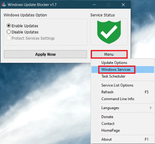 Windows services option 