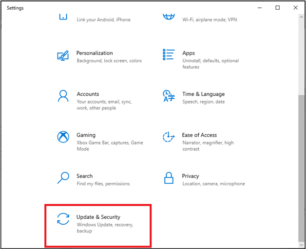  Windows Settings screen will pop up. Select Update and Security.