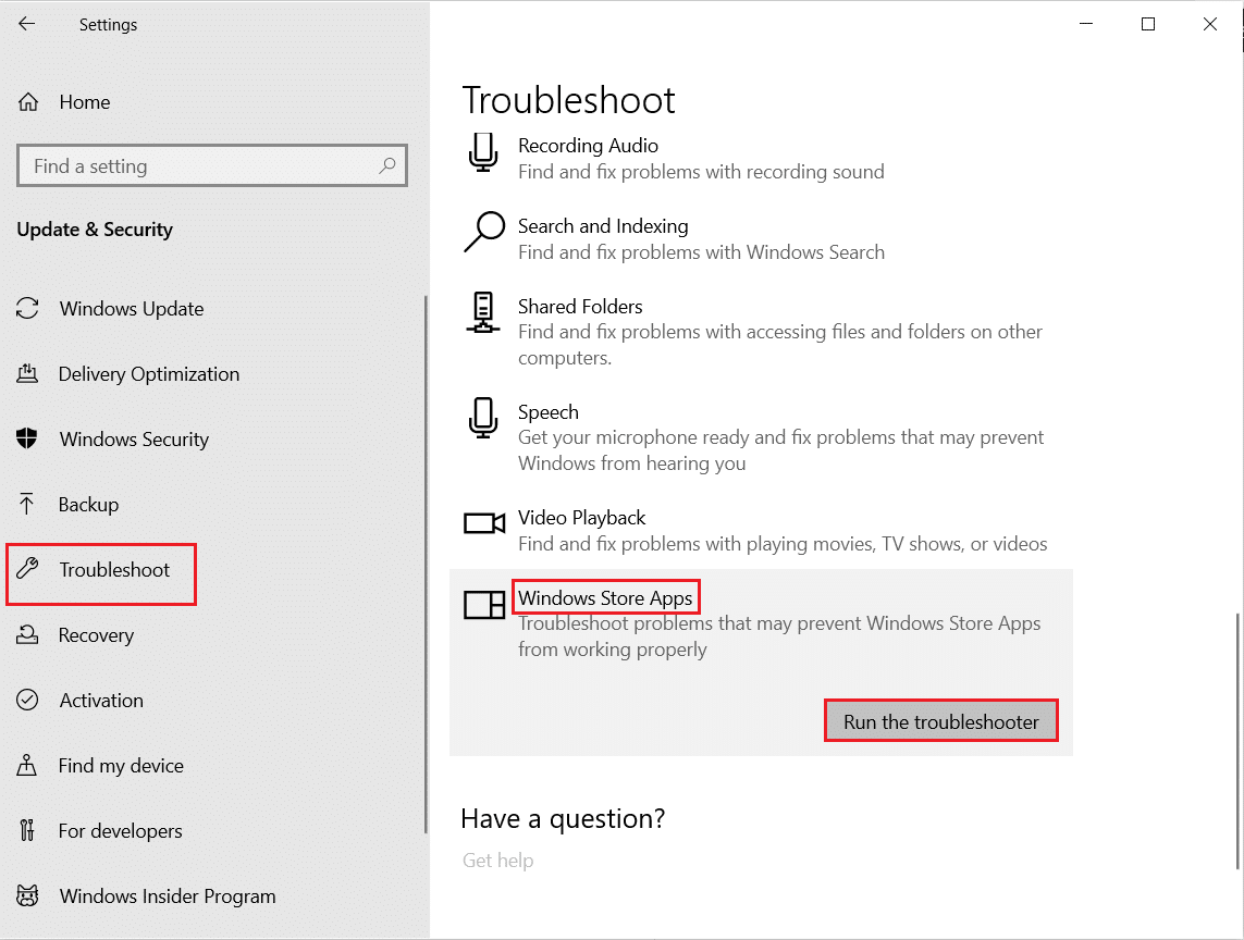 applications du Windows Store, cliquez sur exécuter l'utilitaire de résolution des problèmes