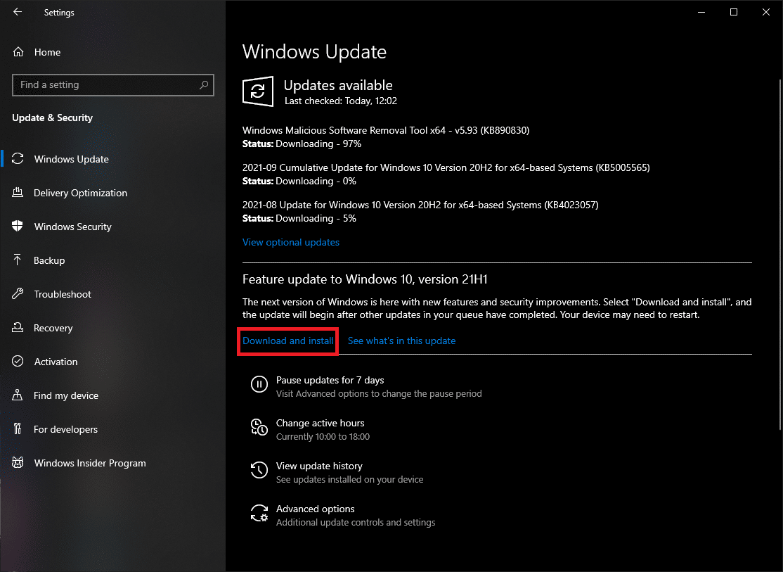 Windows update option in Settings. 
