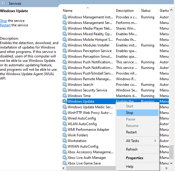 Mise à jour Windows sélectionnée dans la fenêtre Services.