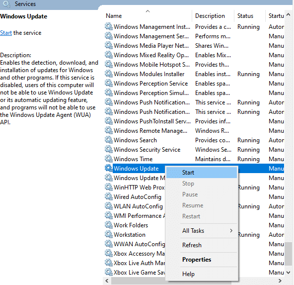 Actualización de Windows seleccionada en la ventana Servicios. Solucionar el error de actualización 10x0d de Windows 8007000