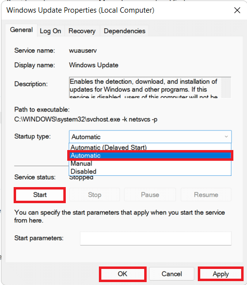 Windows Update service properties