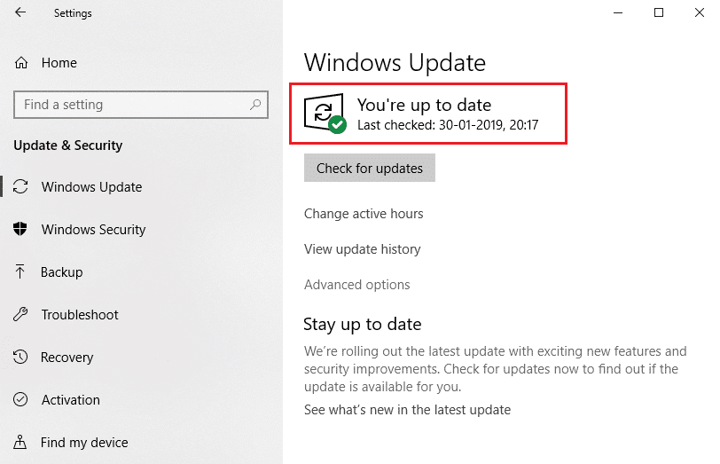 windows update you're up to date message