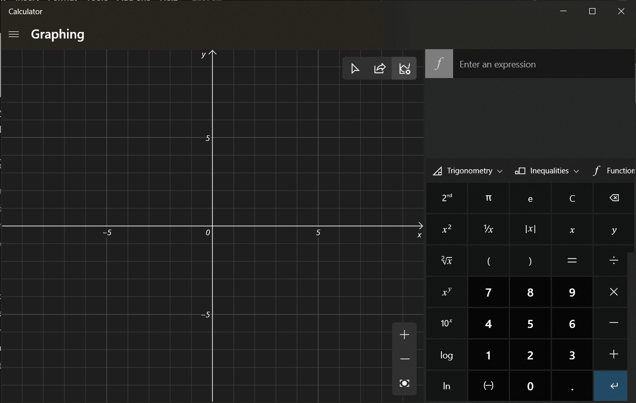 Within a split second, you will be greeted with an empty graph on the left and a familiar-looking calculator numeric pad on the right. How to Enable Calculator Graphing Mode in Windows 10
