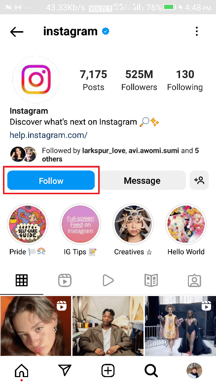 Select the desired profile from the search results and tap on Follow | How to Find Contacts on Instagram