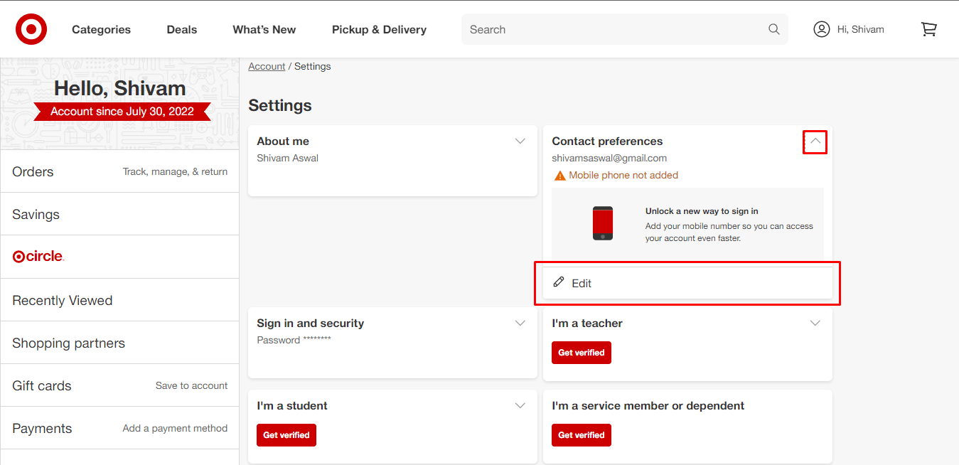 Target - Contact preferences - Edit | How to Delete Target Account