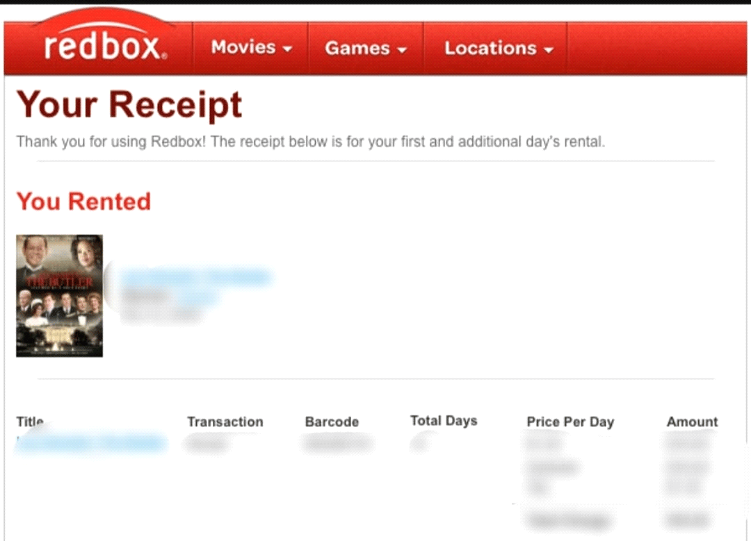 receipt | return Redbox movie after 25 Days
