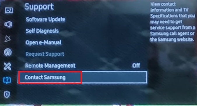 Select Contact Samsung Option | sign into Samsung account on TV
