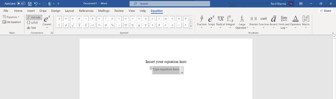 Type your Equation dialogue box will appear. | microsoft equation editor shortcuts