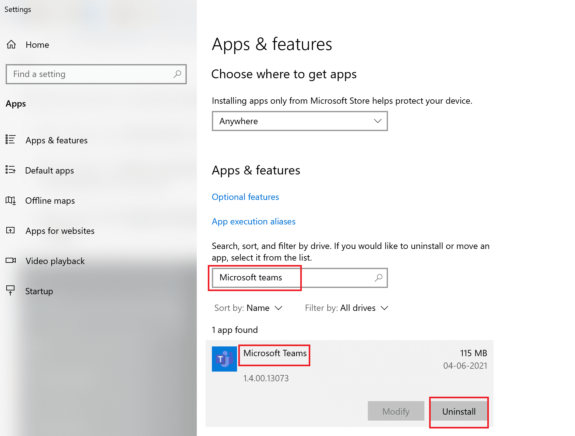 Click on the Teams application and then, click on Uninstall