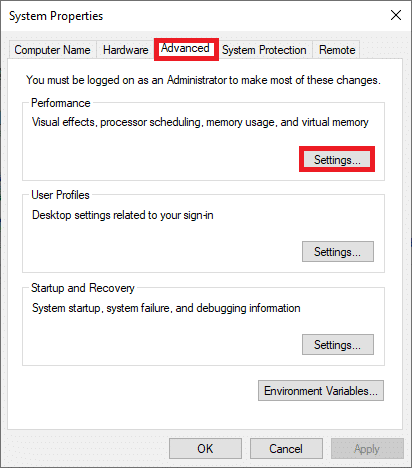 Switch to Advanced tab in System properties and click Settings