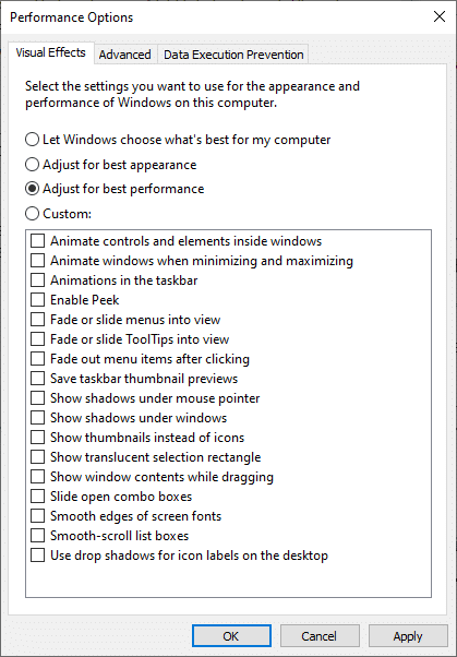 select Adjust for best performance under Visual effects in Performance options window. Fix League of Legends frame drops issue
