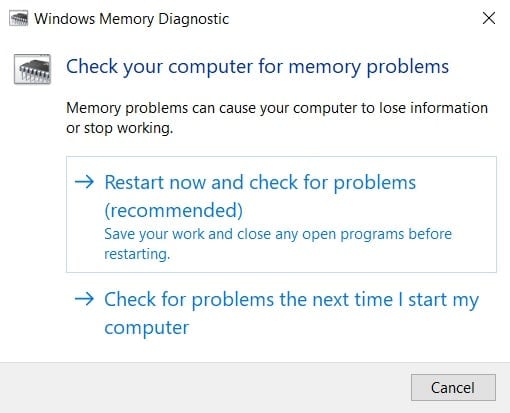 Diagnostica della memoria di Windows. Come risolvere il codice di errore Broccoli di Destiny 2 su Windows 10