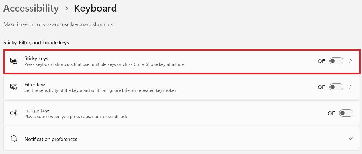 switch the toggle off in Sticky keys. How to Turn Off Sticky Keys in Windows 11