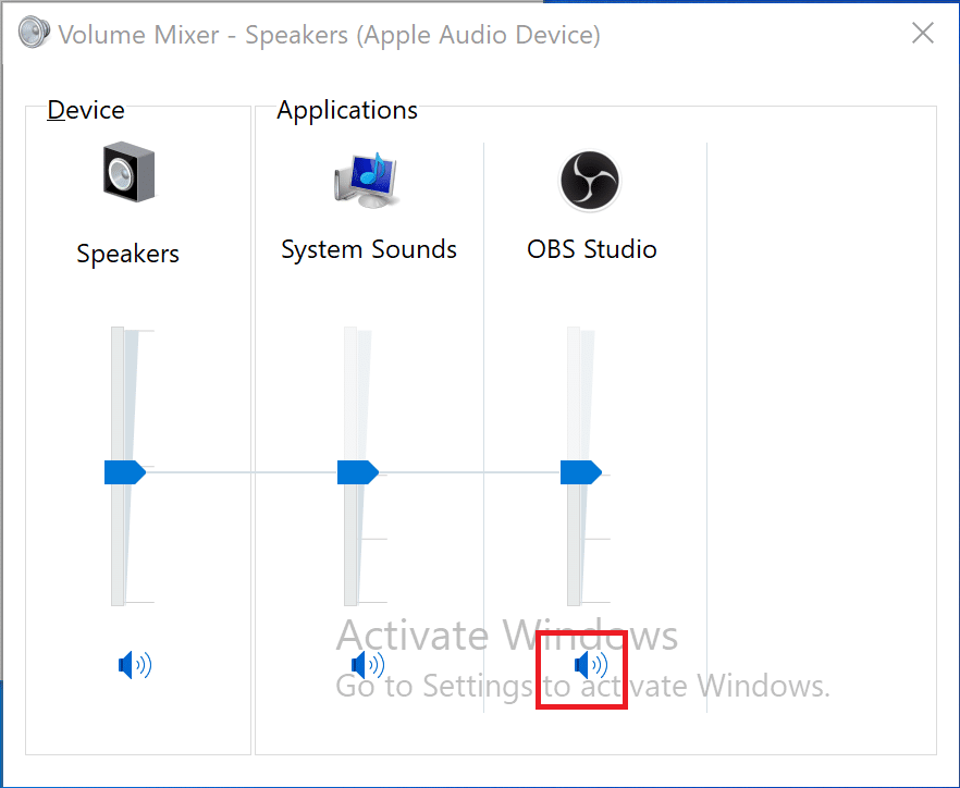 Click on the speaker icon under OBS to unmute OBS if it is muted | How to Fix OBS not Capturing Game Audio